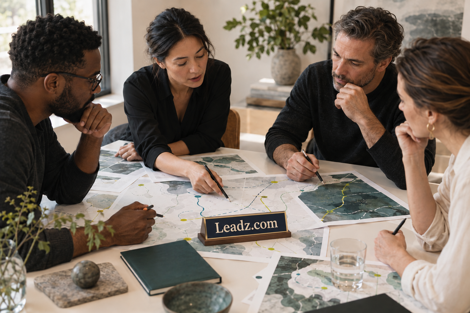A team discussing opportunities in a Leadz.com meeting space